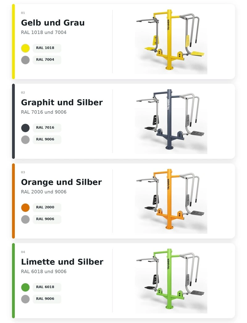 Geräte für den Outdoor-Fitnessbereich in verschiedenen Farben erhältlich