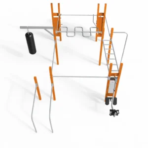 Área de fitness exterior con equipamiento profesional