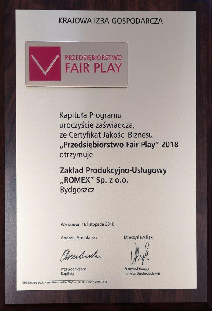 Golden Certificate „Business Fair Play 2018” for ROMEX