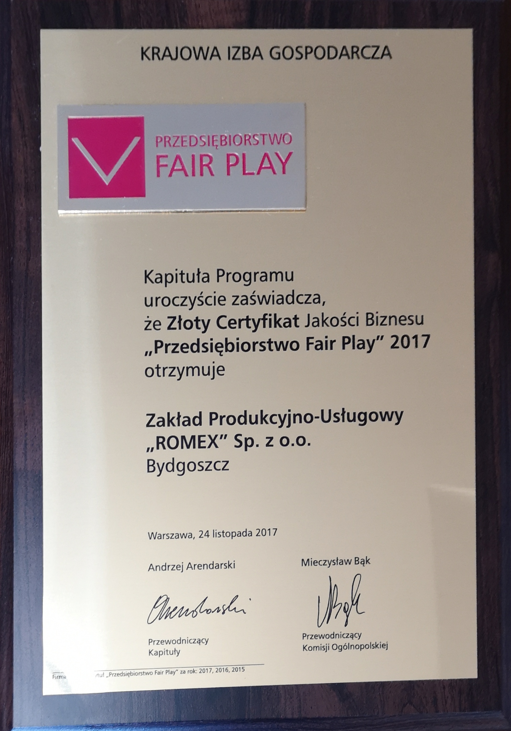 Golden Quality Certificate Of Business „Business Fair Play 2017” for ZPU ROMEX – Manufacturer Of TRAINER Outdoor Gyms