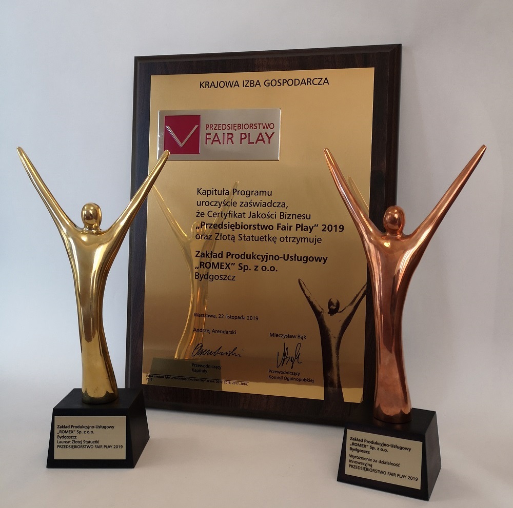 Golden statuette for innovative enterprises and the „Business Fair Play 2019” business quality certificate for ZPU ROMEX